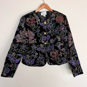 Vintage Black Velveteen Large Print Floral Evening Blazer Gold Metallic Light
